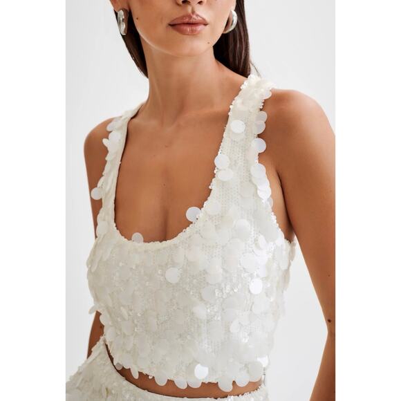 Meshki Maude Sequin Racer Crop Top Ivory Statement Party Small - Picture 3 of 16